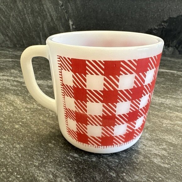 Vintage Westfield Milk Glass MOM Red White Plaid Gingham Coffee Mug - Picture 2 of 7